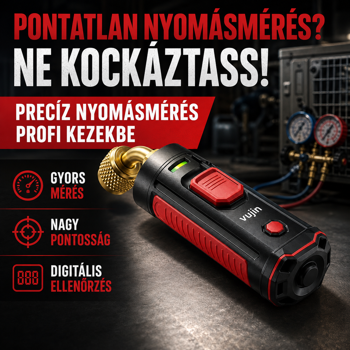 Professzionális digitális nyomásmérő hűtéshez és klímához